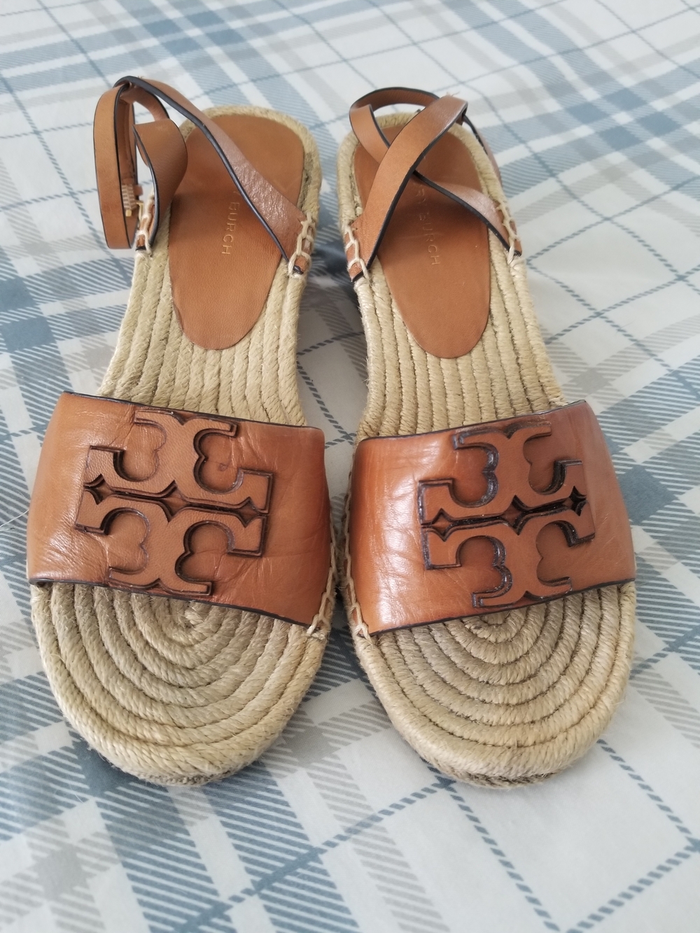 Tory Burch Cognac Leather Logo Espadrille Sandals
